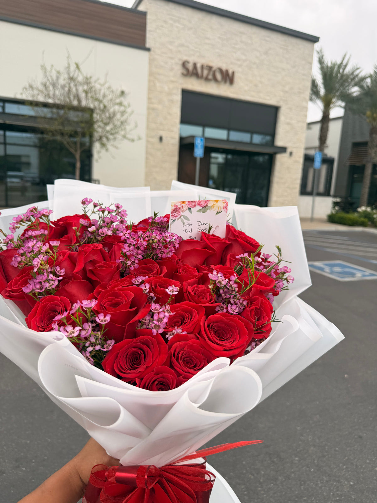 Red Roses and Purple Wax Heart by Bianca's Flowers