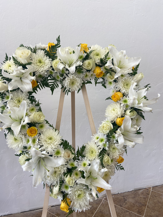 White and Yellow Heart Wreath by Bianca's Flowers