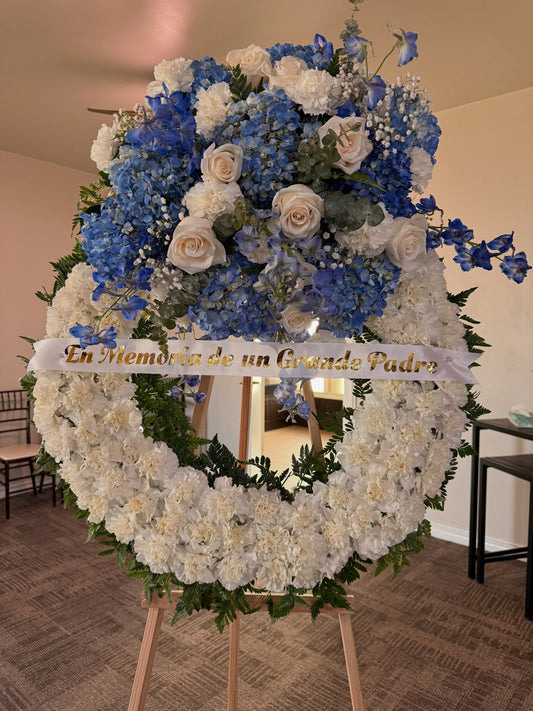 Blue Hydrangea Funeral Wreath by Bianca's Flowers
