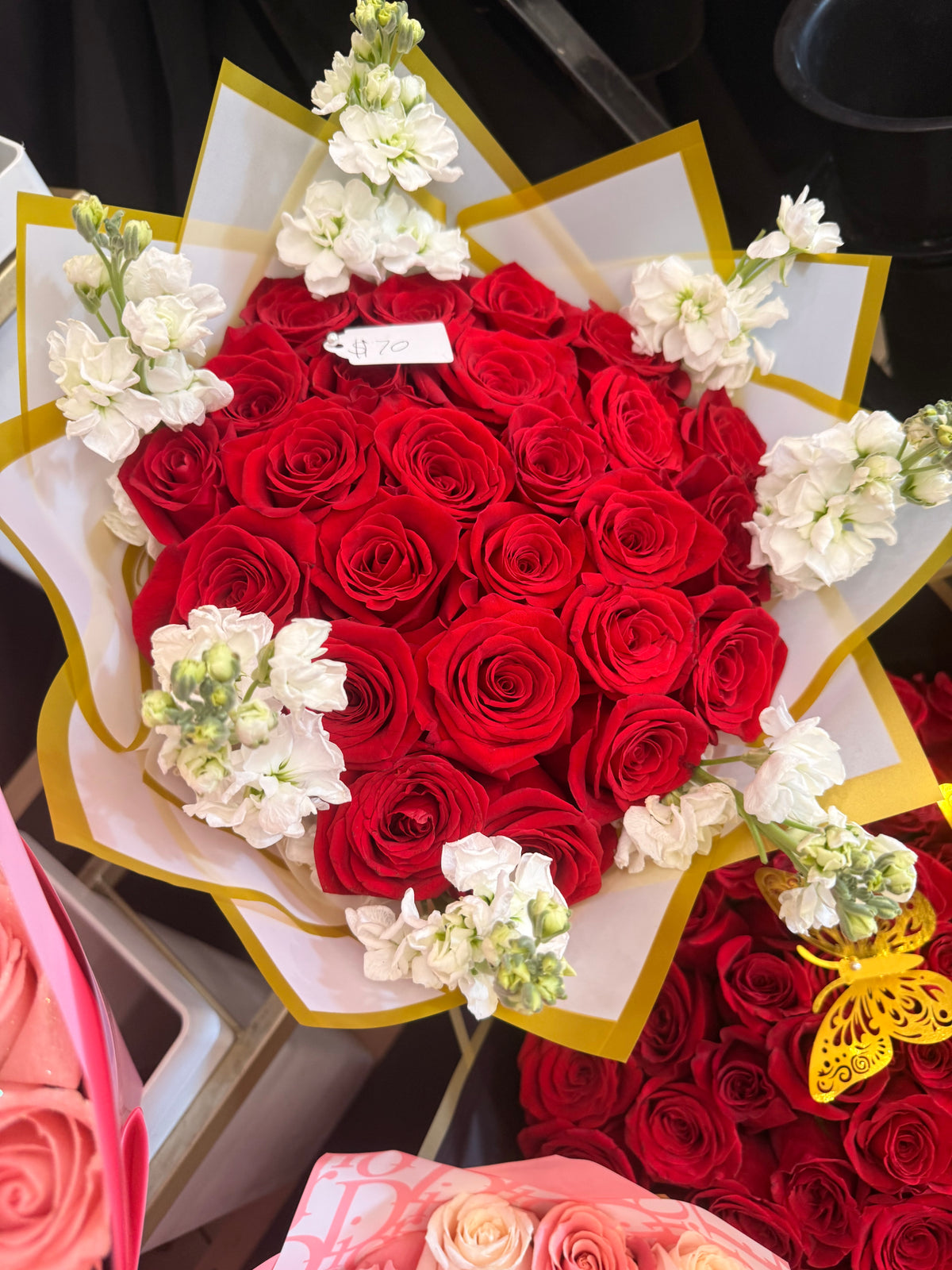 White Stock and Red Roses by Bianca's Flowers