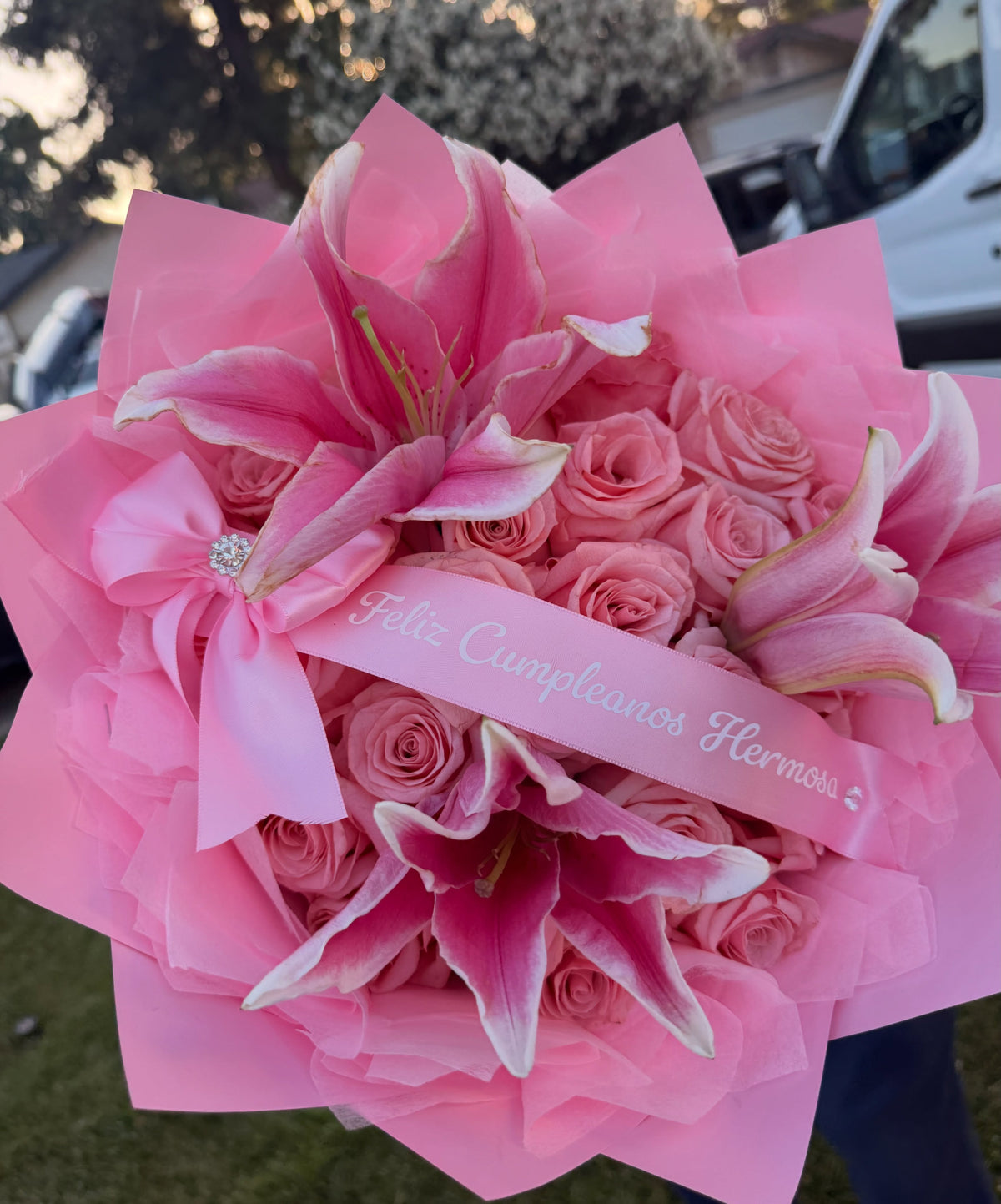 25 Rose Ct + Lily bouquet by Bianca's Flowers