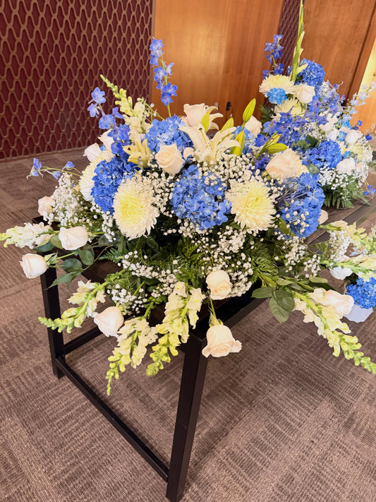 Casket Spray Blue Hydrangeas by Bianca's Flowers