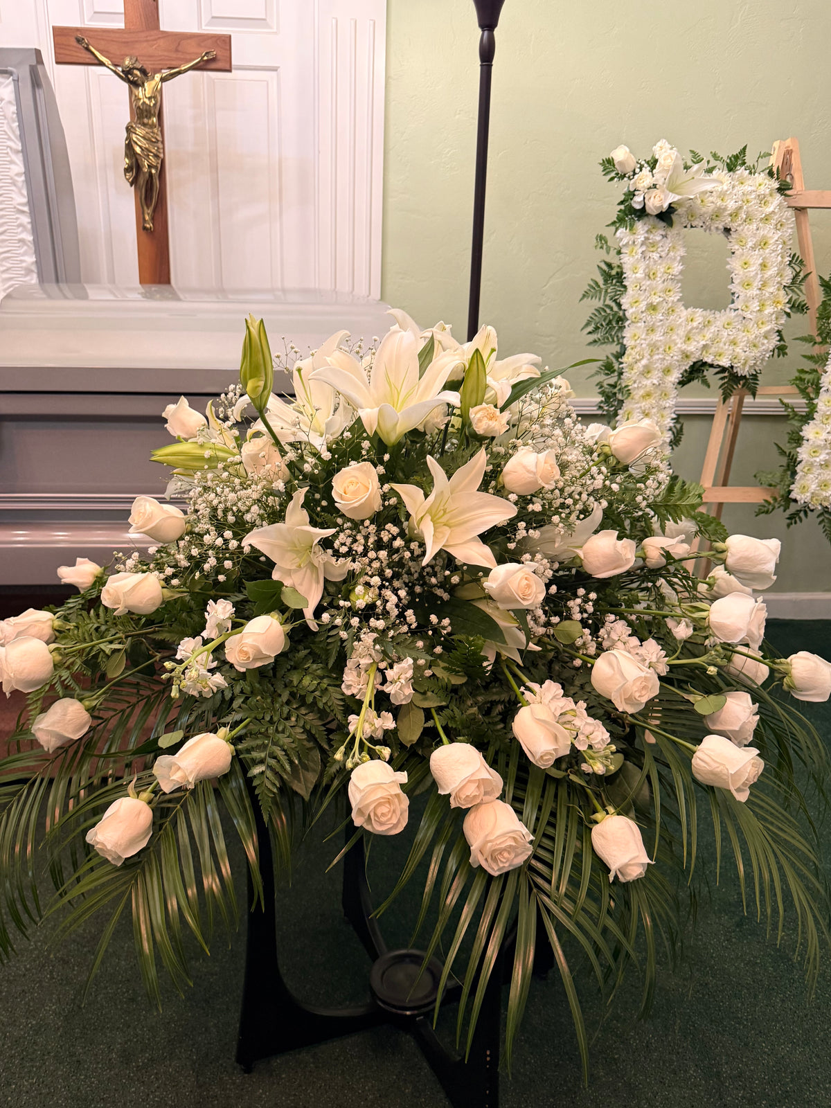 White Casket Spray by Bianca's Flowers