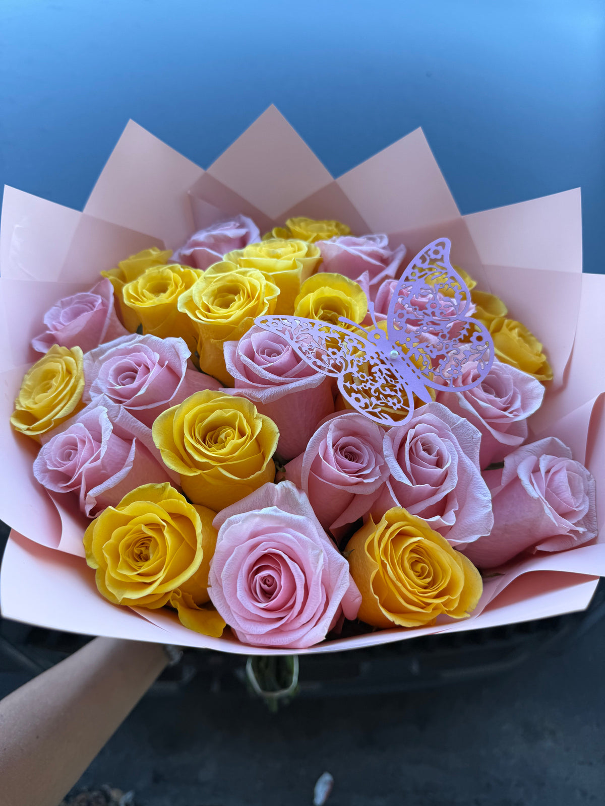 Pink and Yellow Rose Bouquet by Bianca's Flowers